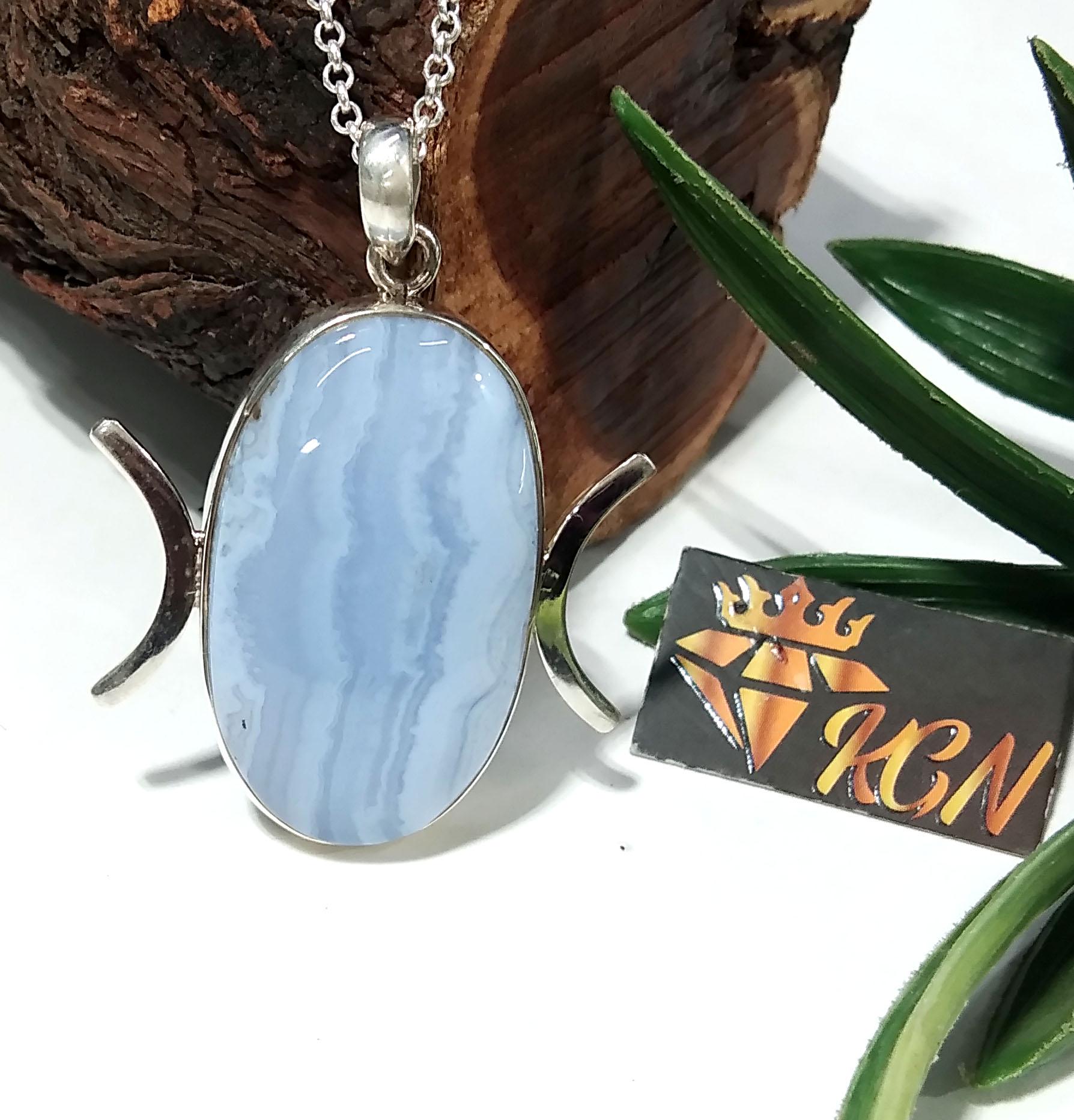 Natural Blue Lace Agate Gemstone Chain Pendant, 925 Sterling Silver Pendant Jewelry, Silver Designer Handmade Pendant, Gift Birthday Pendant
